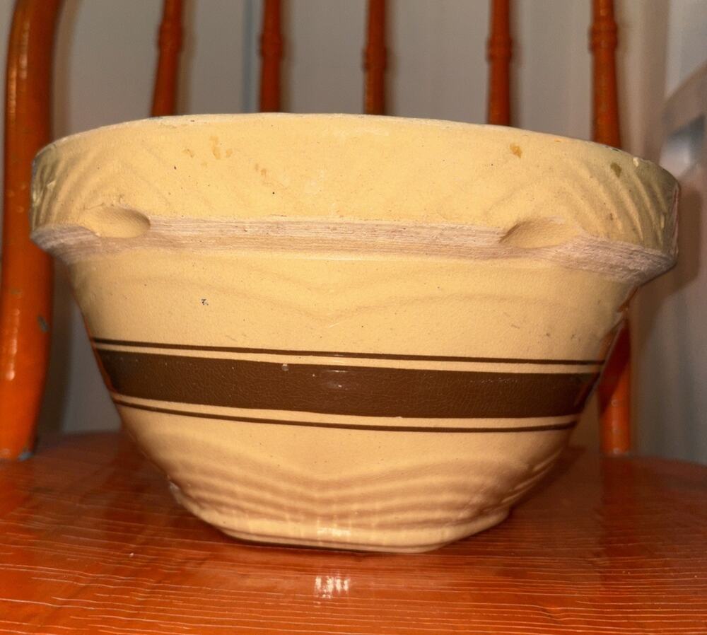 Antique Yellowware Mixing Bowl Brown Bands Molded Panel 9.5” Inch McCoy